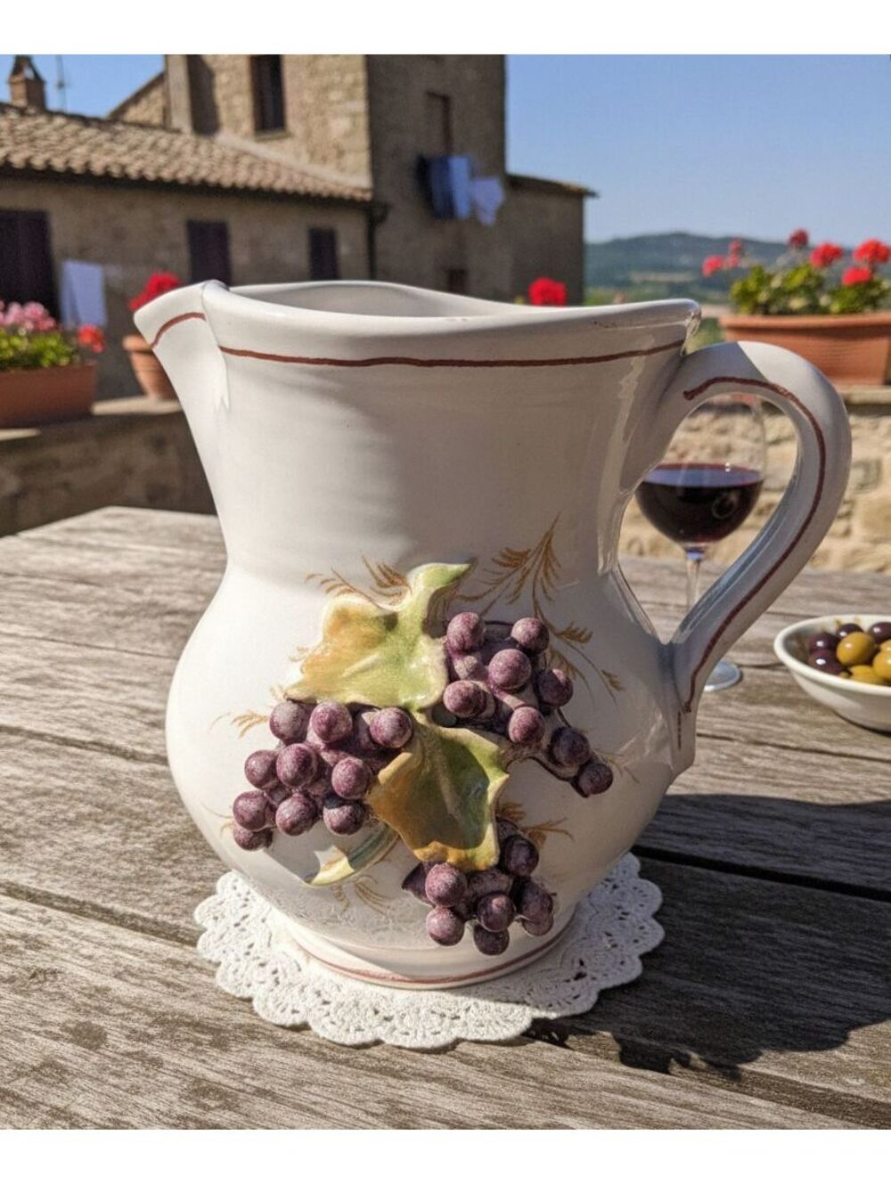 Vintage Zen Nove Ceramic Pitcher with Raised Grape Design
